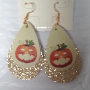 Halloween Pumpkin Glitter Gold Earrings Teardrop Leather Blingy Fall NEW Cute
